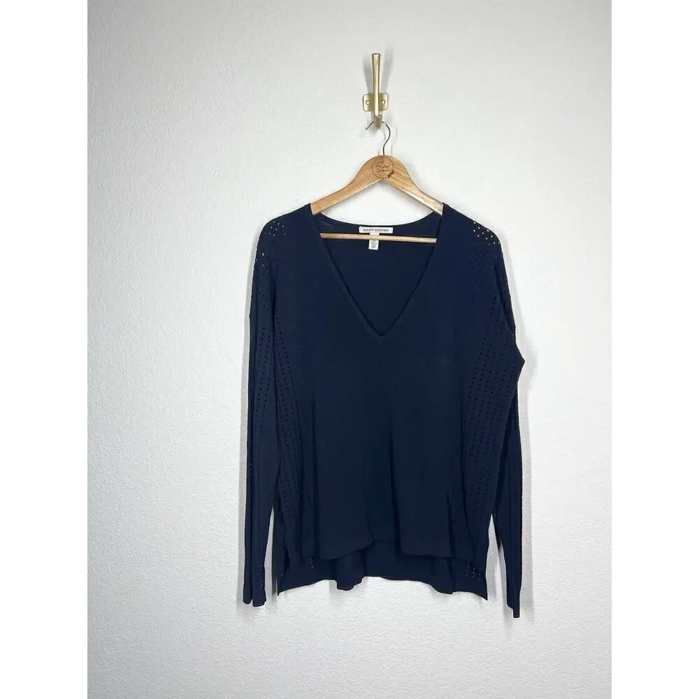 Autumn Cashmere Navy Perforated Stretch Crepe Knit Top Large